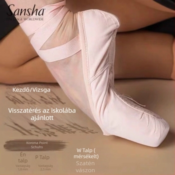 Sansha balettcipő – vászon felsőrész, lapos orr, lapos sarok, talp magas sűrűségű, balett számára