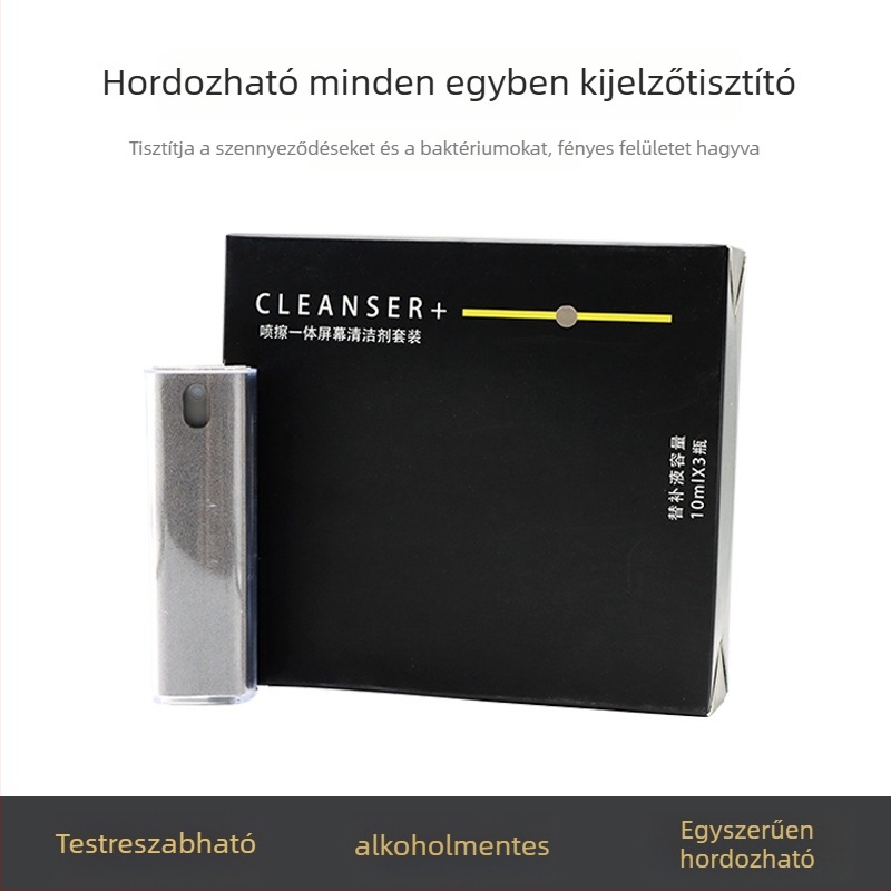 Háromrészes képernyőtisztító készlet notebookhoz, telefonhoz és számítógéphez — Modell 5332, Good Object márka, deionizált víz oldat, súly 0,054 kg