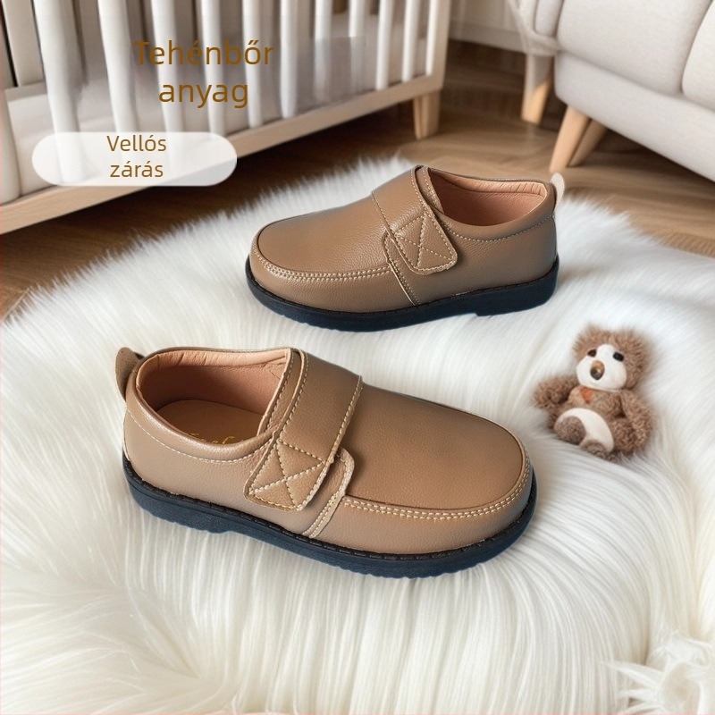 Fiú gyerek bőr cipő Velcro-zárással, iskolai és előadásokhoz, kézzel készített; felsőrész: split leather; belső talp: természetes bőr; talp: marhacsont; zárás: Velcro