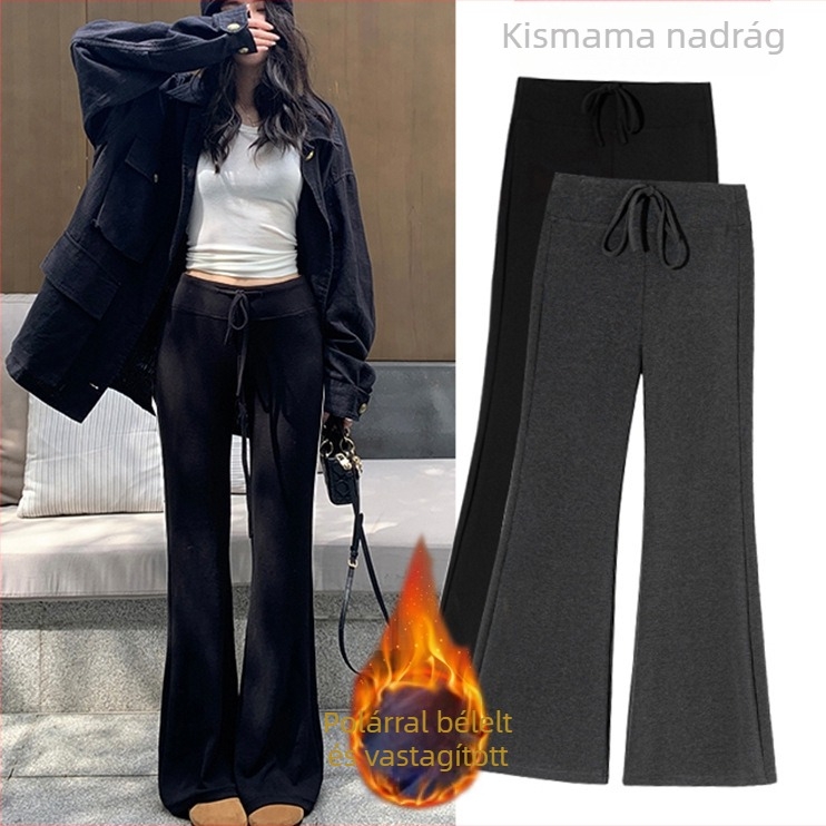 Kismama nadrág, széles szabású, őszi–téli fleece belsővel, lazán casual fazon, derékon húzózsinórral, panel nélkül