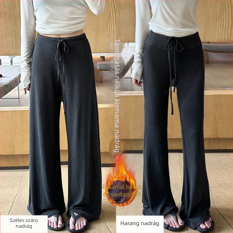 Kismama nadrág, széles szabású, őszi–téli fleece belsővel, lazán casual fazon, derékon húzózsinórral, panel nélkül