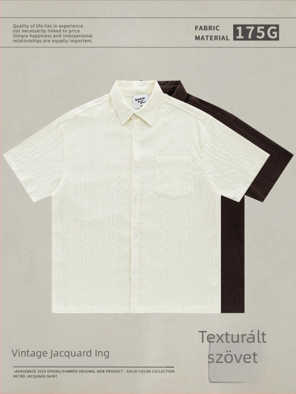 Rövid ujjú ing jacquard textúrával, nyitott mintázat, laza szabás, nyár