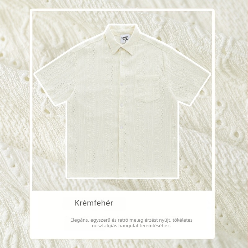 Rövid ujjú ing jacquard textúrával, nyitott mintázat, laza szabás, nyár