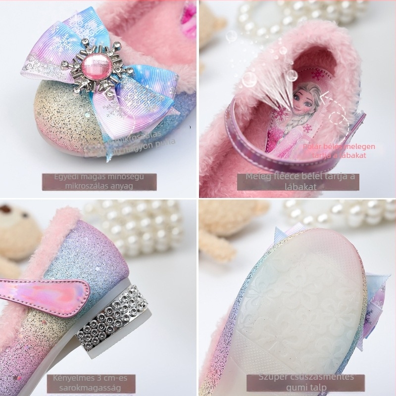 Gyerekek téli hercegnőcipő: felső rész mikrofiber, belső műszőrme, gumitalp, Velcro zárás, karikatúra mintázat