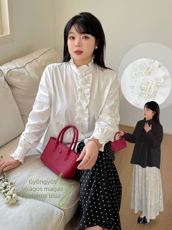 Női ing pamut-elasztán keverék, állógallér, szirm ujjak, kardigán stílus, egyszínű, tavasz 2025