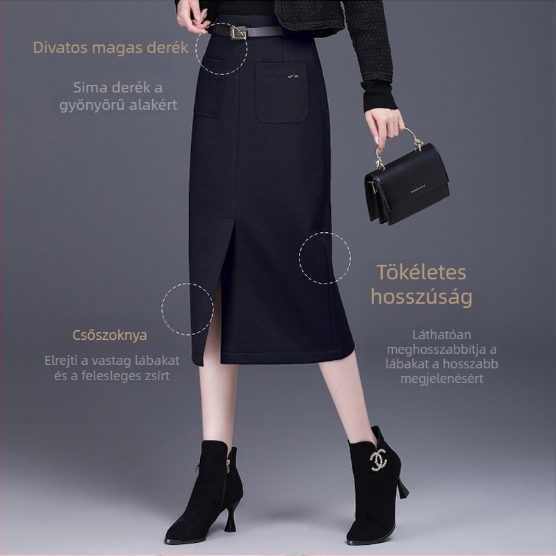 Wool tweed A-vonalú midi szoknya, magas derék, elülső hasítás, egyszínű, anyaga Tencel-szálas gyapjú