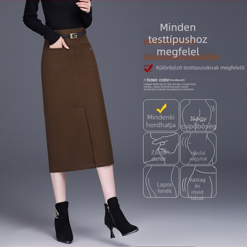 Wool tweed A-vonalú midi szoknya, magas derék, elülső hasítás, egyszínű, anyaga Tencel-szálas gyapjú