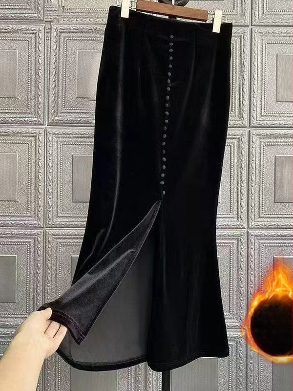 Hosszú bársonyszoknya fishtail fazonnal, fleece-sel bélelt, magas derekú, plusz méret téli szoknya