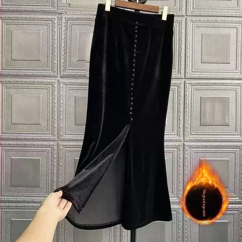 Hosszú bársonyszoknya fishtail fazonnal, fleece-sel bélelt, magas derekú, plusz méret téli szoknya