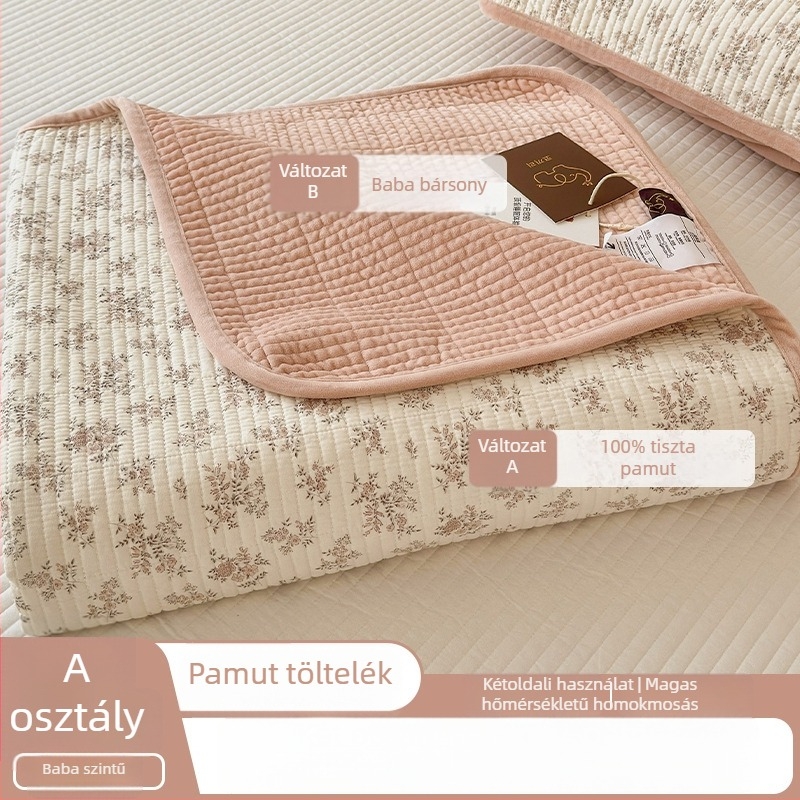 Kétoldalas quiltelt ágytakaró három darabból álló készlet — egy oldala gyapot, a másik oldala velúr; anyag 40s, reaktív festés, quiltelés; mosva magas hőmérsékleten