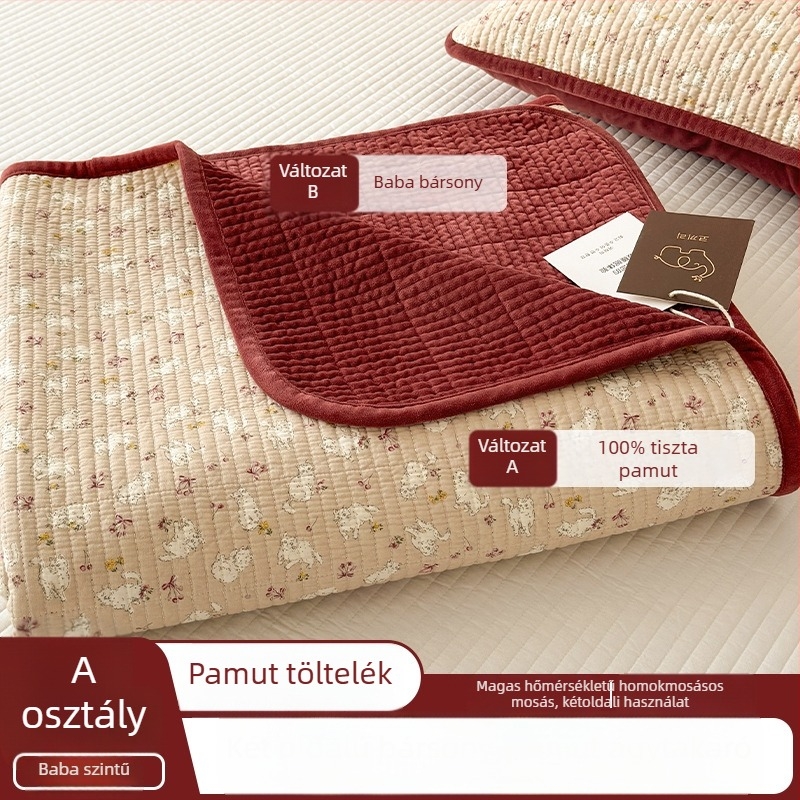 Kétoldalas quiltelt ágytakaró három darabból álló készlet — egy oldala gyapot, a másik oldala velúr; anyag 40s, reaktív festés, quiltelés; mosva magas hőmérsékleten