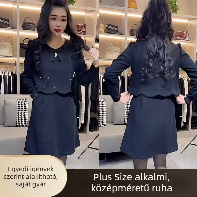 Plusz méretű mindennapi midi ruha, 2025 tavasz-őszi, elegáns és karcsúsító, pocak takaró, poliészter