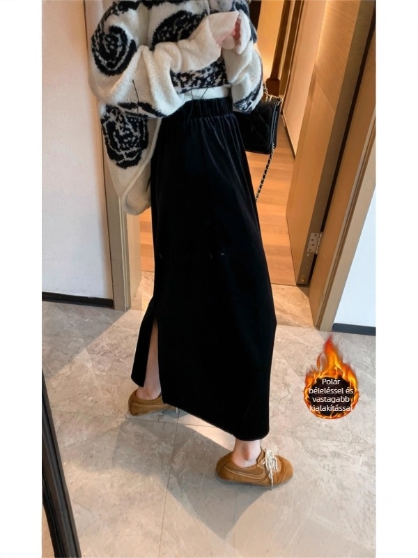 Velúr szoknya, elasztikus derekú, hátsó hasítékkal, közepes hosszúságú, 2026 tavasz