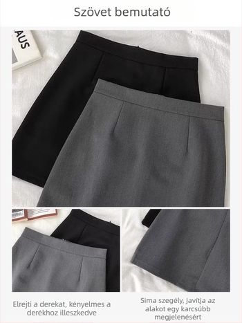 Szürke A-vonalú női szoknya, magas derék, poliészter-spandex anyagból, mikroelasztikus, vasalás nélkül
