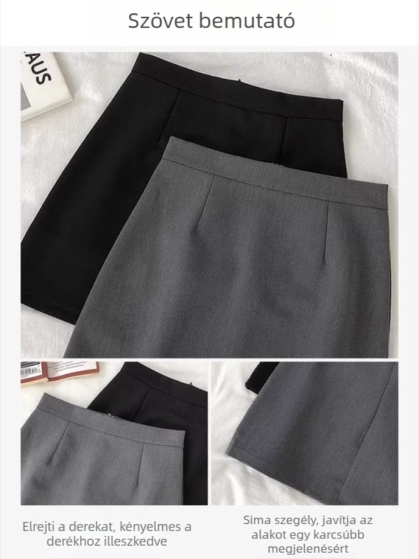 Szürke A-vonalú női szoknya, magas derék, poliészter-spandex anyagból, mikroelasztikus, vasalás nélkül