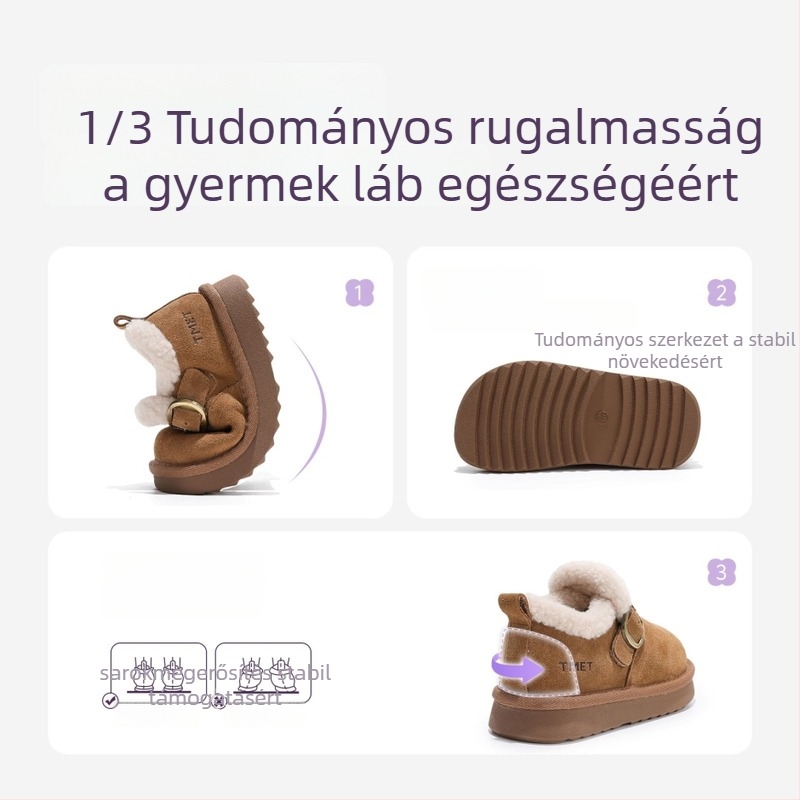 Gyerekek téli velúr loaferok Velcro zárással – nubuk felsőrész, gumírozott talp, vastag bélés, koreai stílusú középtalp