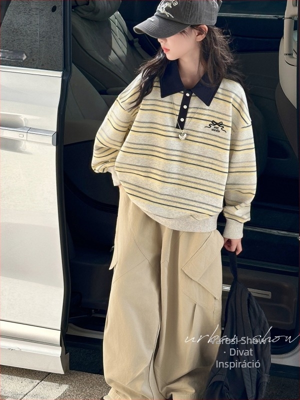 Lányoknak készült fleece-betétes polo felső, csíkos mintával, pamut anyag, koreai stílus, tél 2025