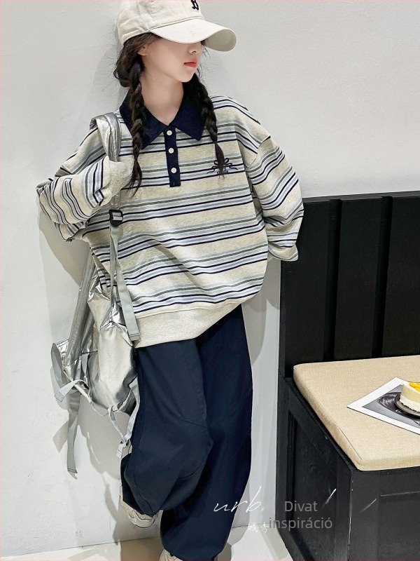 Lányoknak készült fleece-betétes polo felső, csíkos mintával, pamut anyag, koreai stílus, tél 2025