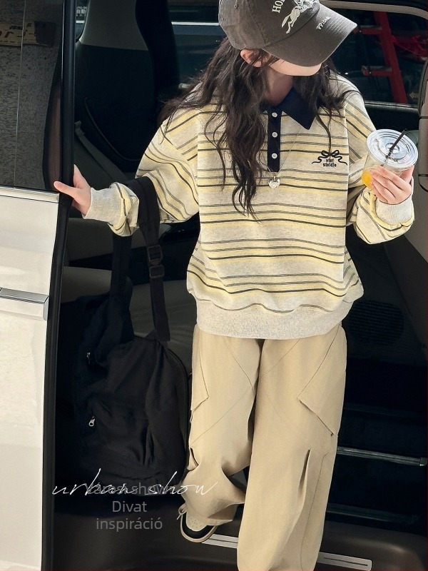 Lányoknak készült fleece-betétes polo felső, csíkos mintával, pamut anyag, koreai stílus, tél 2025