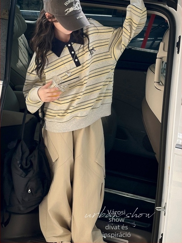 Lányoknak készült fleece-betétes polo felső, csíkos mintával, pamut anyag, koreai stílus, tél 2025