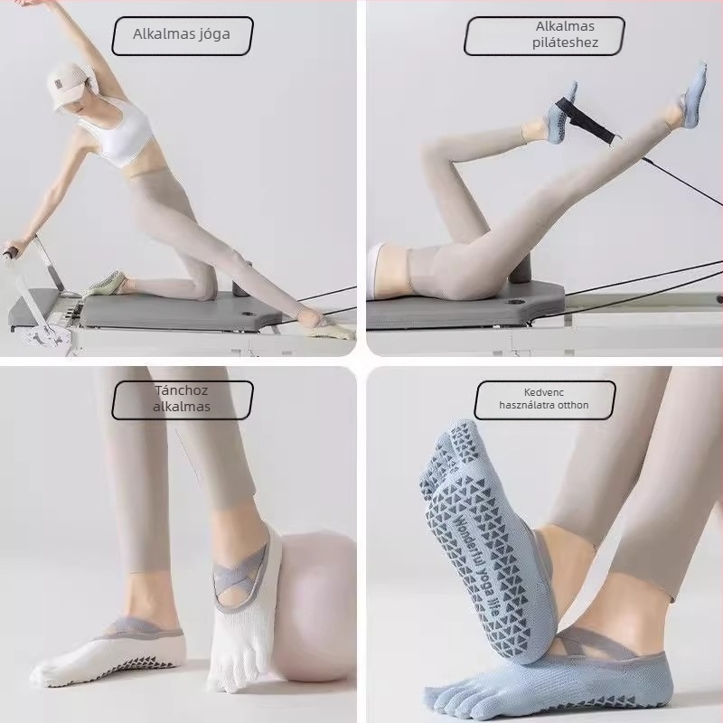 Női ötujjú jóga zokni Pilateshez, 90–95% pamut, nedvességelnyelés, rövid cső, egytűs kötés, japán stílus