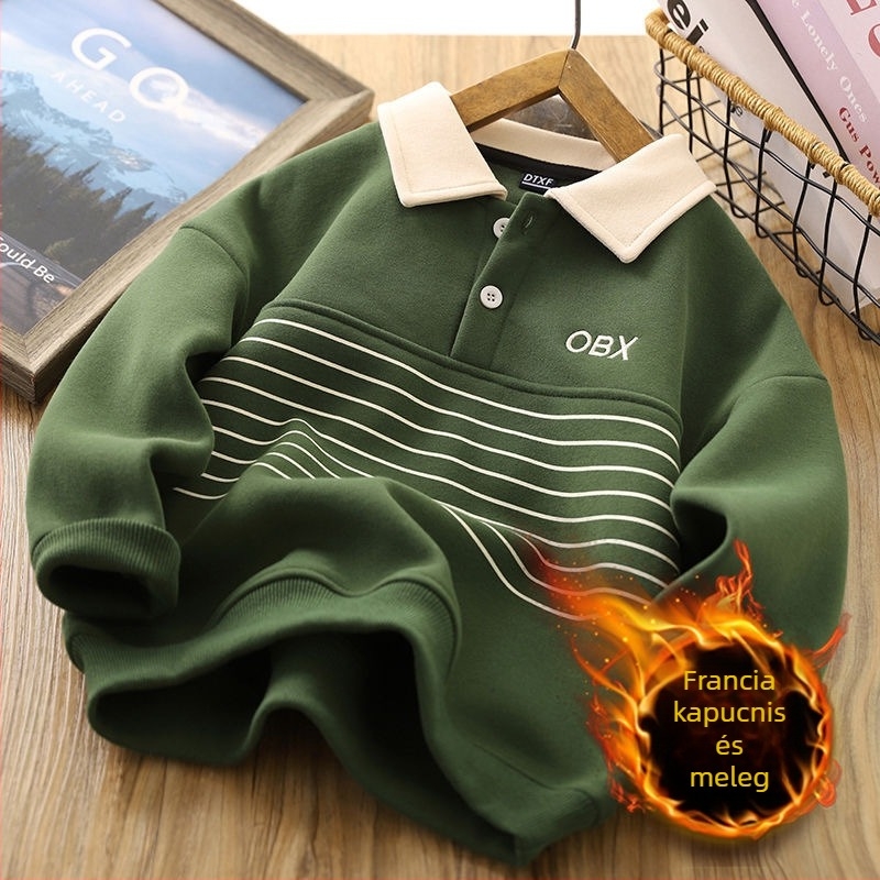 Fiú gyerekeknek fleece-betétes hosszú ujjú pulóver, pamutanyagból, téli viselet