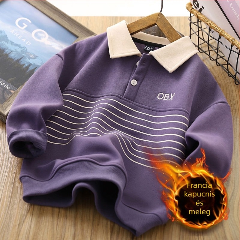 Fiú gyerekeknek fleece-betétes hosszú ujjú pulóver, pamutanyagból, téli viselet