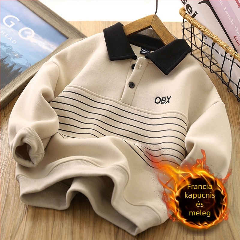 Fiú gyerekeknek fleece-betétes hosszú ujjú pulóver, pamutanyagból, téli viselet