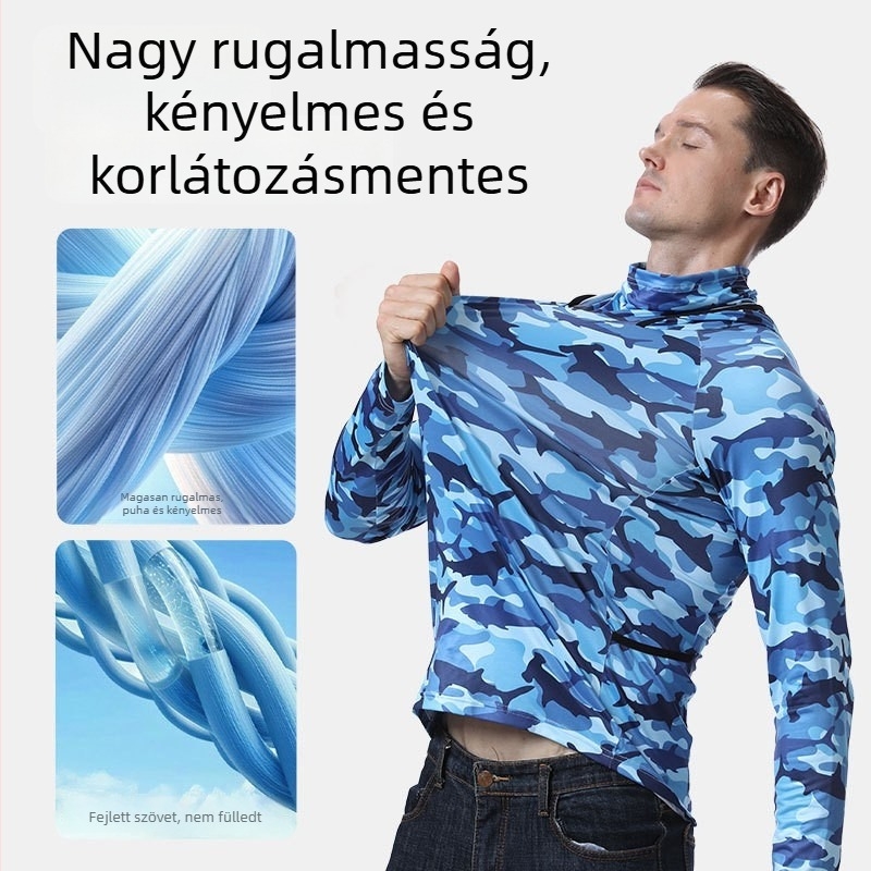 Férfi kültéri napvédő kapucnis dzseki horgászathoz, nyomtatott arcmaszkkal, karcsú szabású, gyorsan száradó