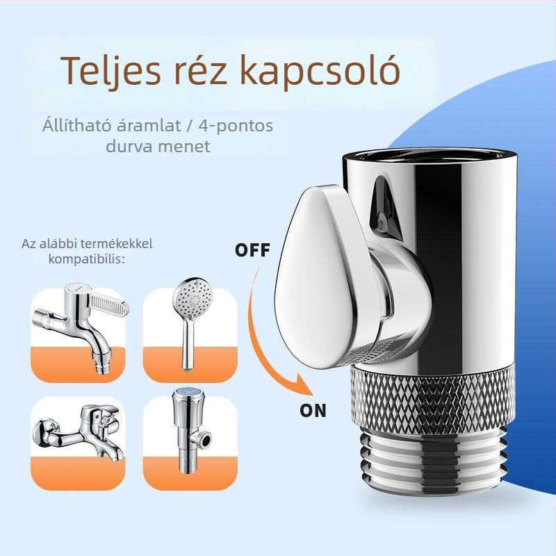 Teljesen rézből készült zuhanyfej áramlás-szabályozó szeleppel, spricctömlő anti-kink, nyomás- és hőálló, robbanásbiztos csap egygombos vízállítással