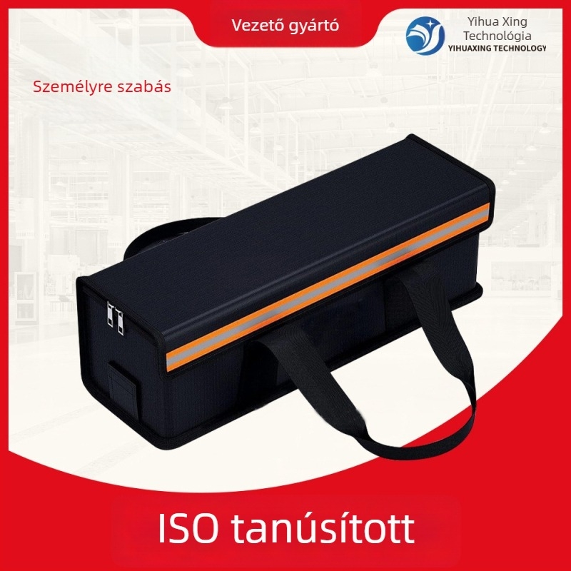 Tűz- és robbanásbiztos elektromos kerékpár akkumulátor tároló táska (tűzálló szilikon‑kompozit anyag; vastagság 0.5 mm; tömeg 600 g; cipzár)