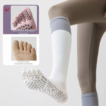 Ötujjú pamut sport zokni szilikon anti-slip pöttyökkel, 88% pamut, vádlilábszárig érő hosszú, minden évszakban, jóga, pilates és futásra
