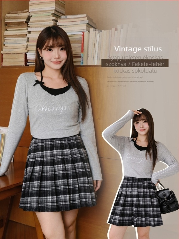 Női magas derekú A-vonalú pliszírozott szoknya kockás mintával, kefés szövésű anyag