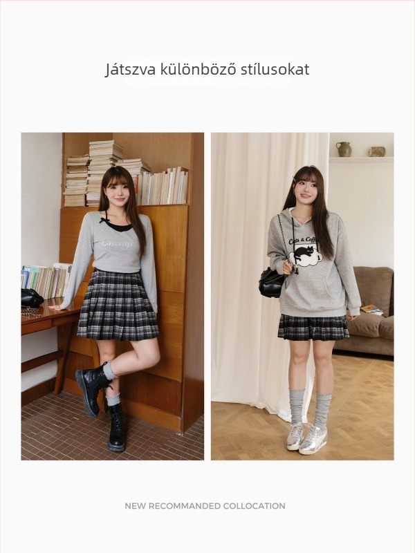 Női magas derekú A-vonalú pliszírozott szoknya kockás mintával, kefés szövésű anyag