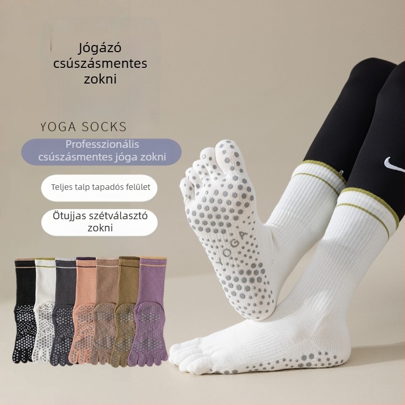 Ötujjú jóga zokni, középmagas, antibakteriális, nedvszívó, dezodoráló, anti-frikció; pamut 70–80%; varrat nélküli kézzel készített
