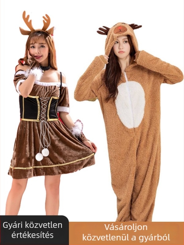 Női karácsonyi cosplay ruha szarvas agancsokkal, arany velúr, 80% fő anyag, 5% másodlagos anyag, 2025 tavasz