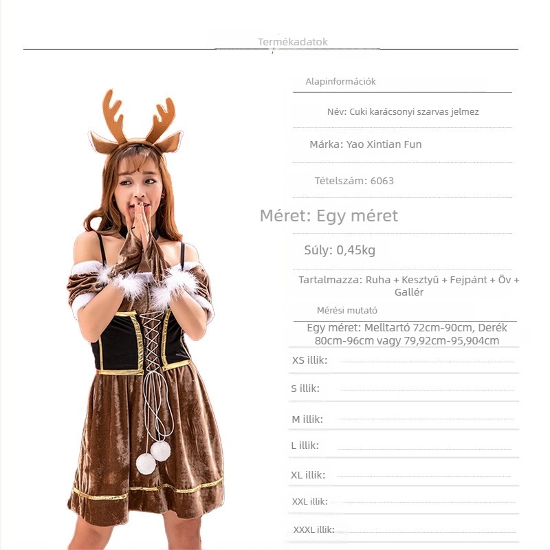 Női karácsonyi cosplay ruha szarvas agancsokkal, arany velúr, 80% fő anyag, 5% másodlagos anyag, 2025 tavasz