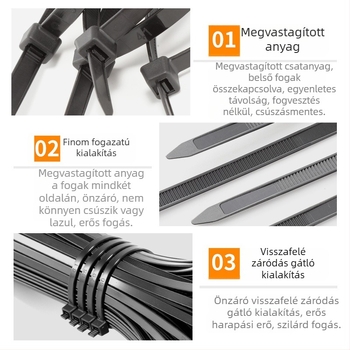 Fekete nylon önzáró kábelkötegek, 5×200×250, PA66 anyagú, autó- és mezőgazdasági felhasználásra