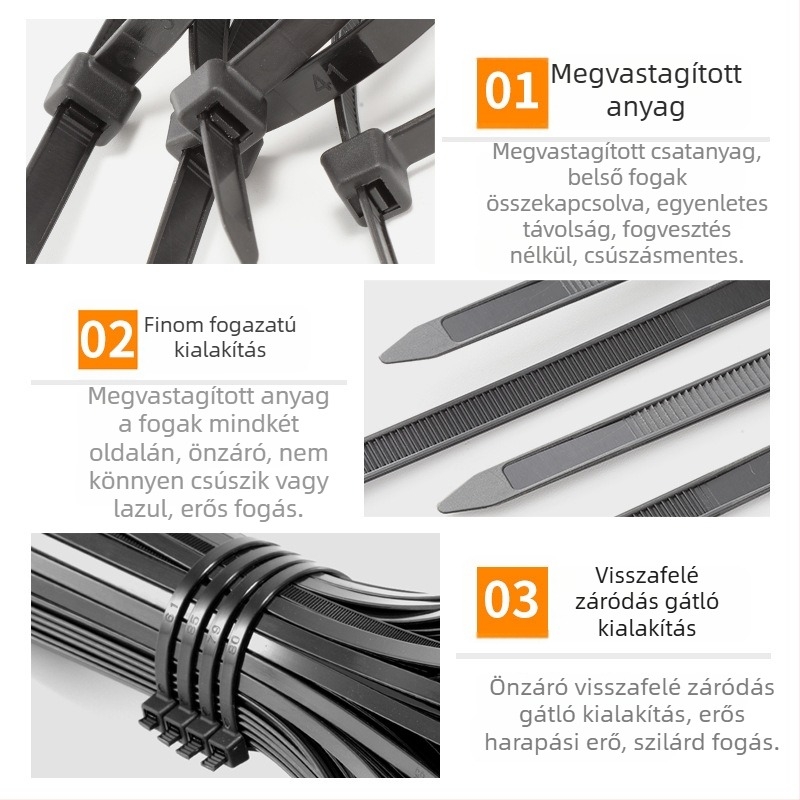 Fekete nylon önzáró kábelkötegek, 5×200×250, PA66 anyagú, autó- és mezőgazdasági felhasználásra