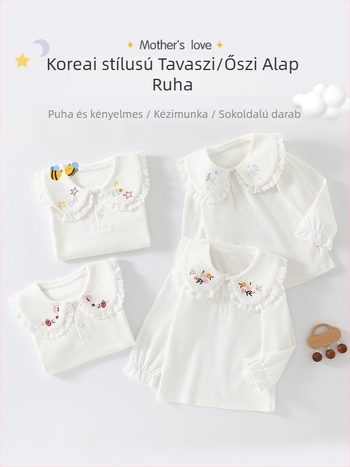 Lányok polo felső, koreai stílus, hosszú ujjú, pamut anyag, hímzés, rajzfilm minta