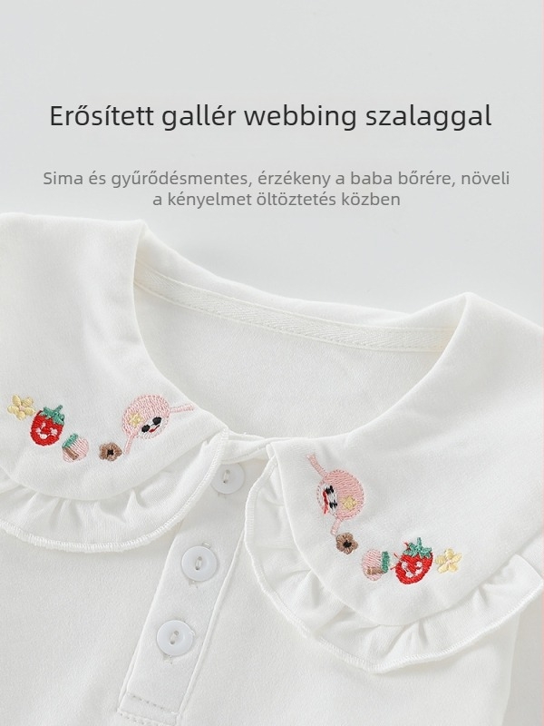 Lányok polo felső, koreai stílus, hosszú ujjú, pamut anyag, hímzés, rajzfilm minta