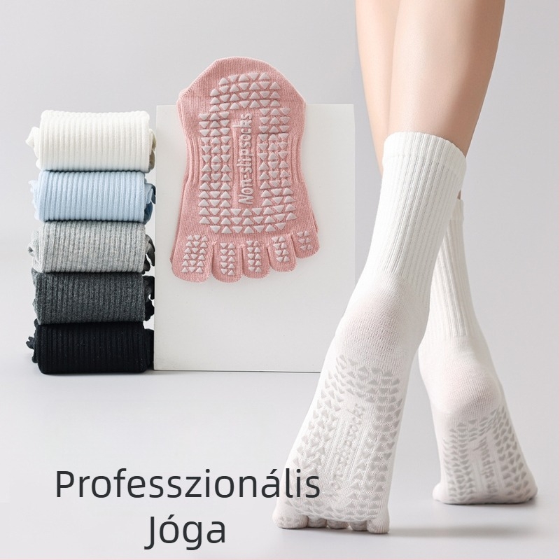 Ötujjú jóga zokni, csúszásmentes, pamutból, középmagas szárú, edzéshez