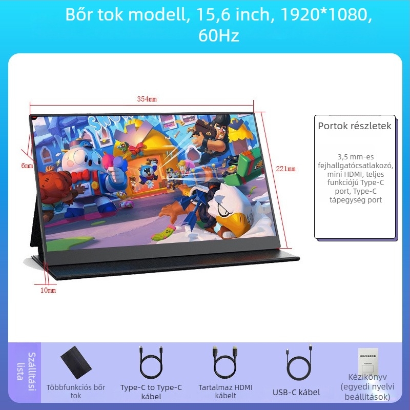 Hordozható IPS monitor 1080p felbontással, 16:9 arány, USB/HDMI interfész, 15W teljesítmény