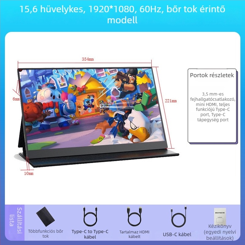 Hordozható IPS monitor 1080p felbontással, 16:9 arány, USB/HDMI interfész, 15W teljesítmény