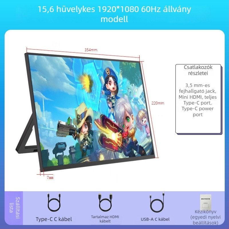 Hordozható IPS monitor 1080p felbontással, 16:9 arány, USB/HDMI interfész, 15W teljesítmény
