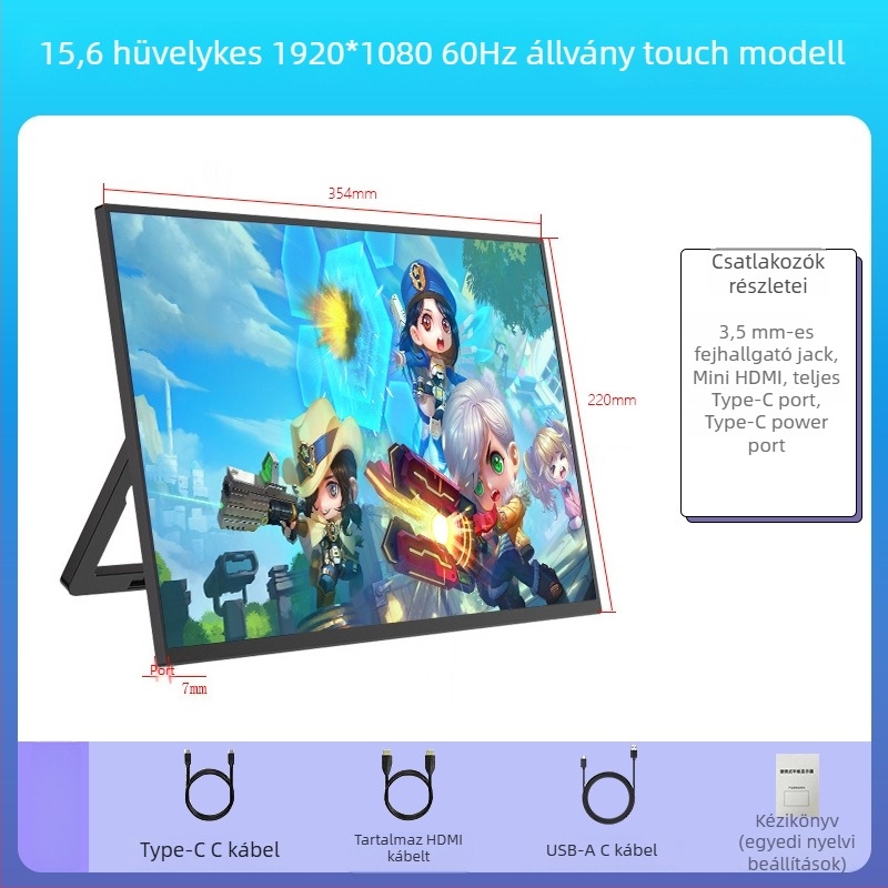 Hordozható IPS monitor 1080p felbontással, 16:9 arány, USB/HDMI interfész, 15W teljesítmény