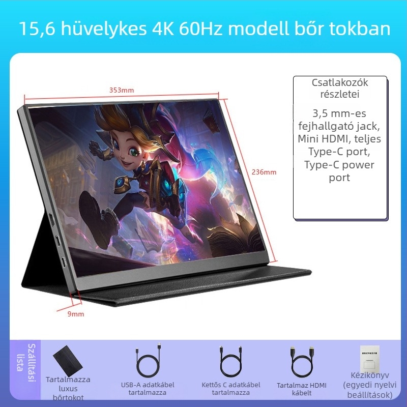 Hordozható IPS monitor 1080p felbontással, 16:9 arány, USB/HDMI interfész, 15W teljesítmény