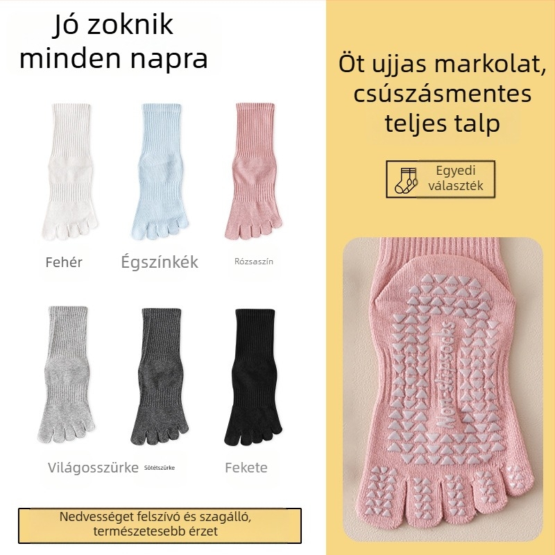 Női őszi jóga zokni – csúszásmentes, nedvszívó, ötujjas dizájn, fésült pamut, középmagas hossz