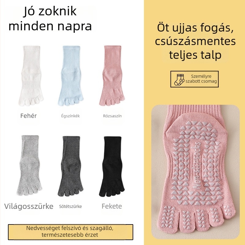 Női őszi jóga zokni – csúszásmentes, nedvszívó, ötujjas dizájn, fésült pamut, középmagas hossz