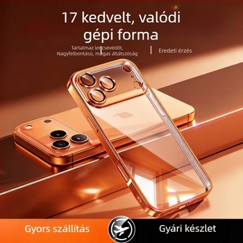 iPhone 17 Pro Max védőtok — elektroplatált PC hátlap, TPU külső, átlátszó objektívvédő, ütésálló védelem, testreszabás támogatott